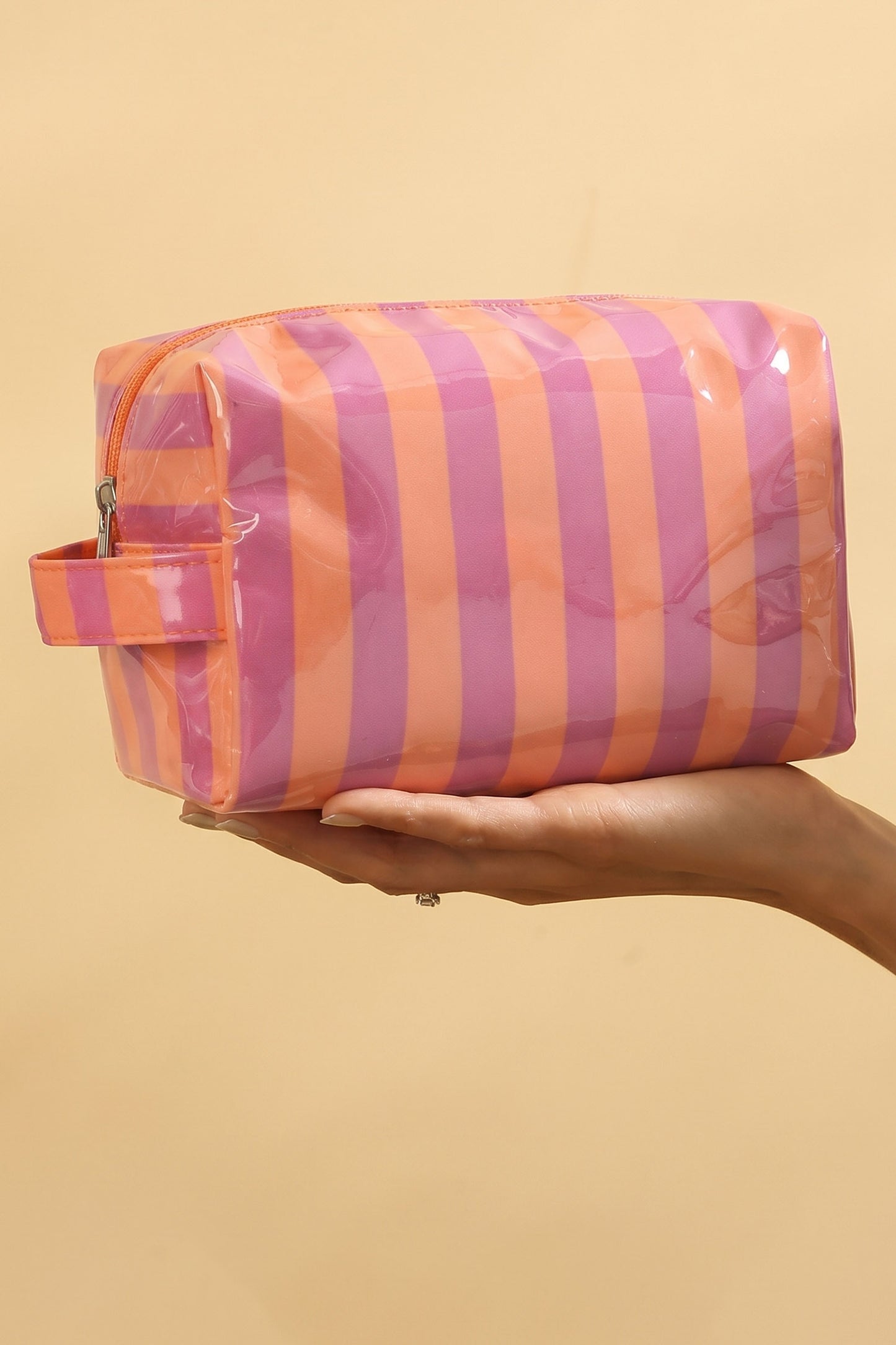 Light Pink PVC Striped Cosmetic Bag Durable Zipper Handle Travel Organizer