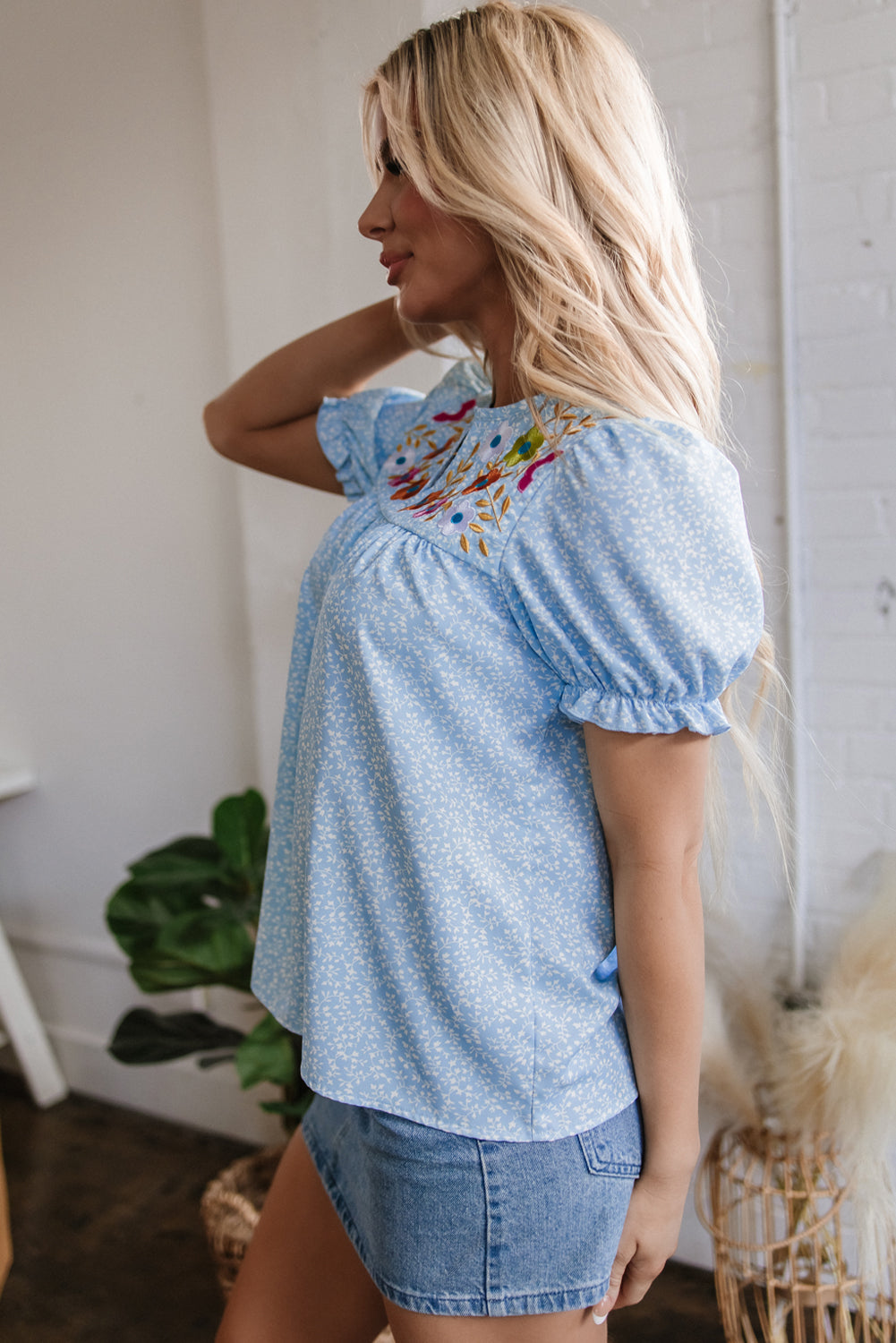 Sky Blue Floral Embroidered Puff Sleeve Notched V Neck Blouse-Tops/Blouses & Shirts-[Adult]-[Female]-2022 Online Blue Zone Planet