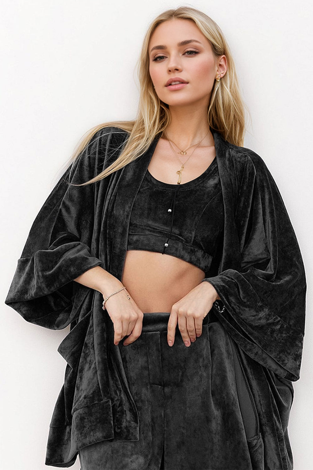 Basic Bae Buttery-Soft Bra, Open Front Cardigan and Shorts Set-TOPS / DRESSES-[Adult]-[Female]-Black-S-2022 Online Blue Zone Planet