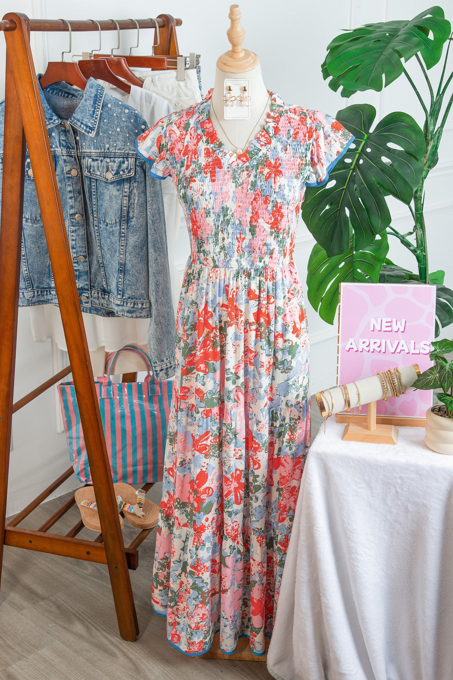 Apricot Floral Print V Neck Contrast Trim Flutter Sleeve Maxi Dress-TOPS / DRESSES-[Adult]-[Female]-2022 Online Blue Zone Planet