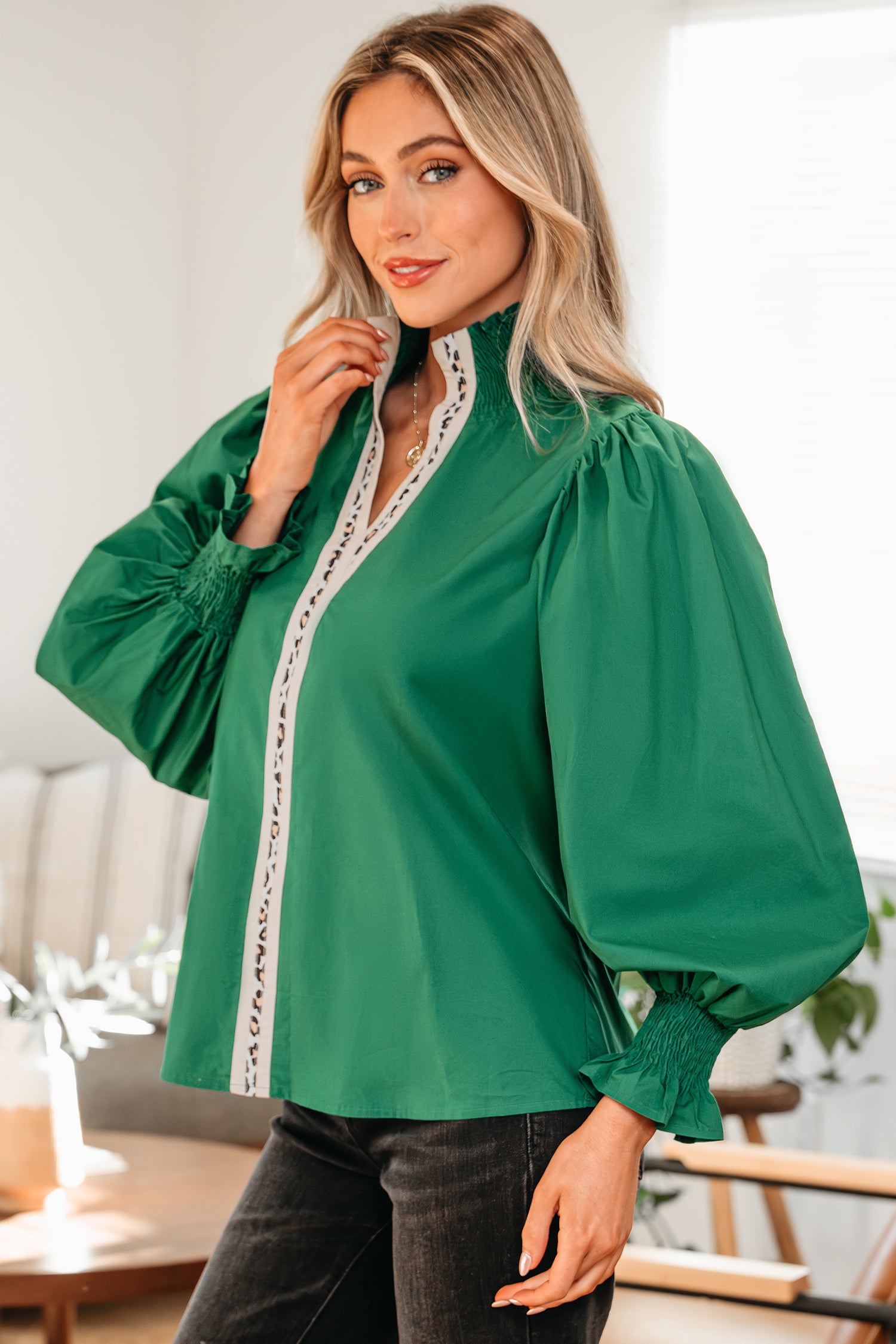 Evergreen Puffy Flounce Sleeve Leopard Trim V Neck Blouse-Tops/Blouses & Shirts-[Adult]-[Female]-2022 Online Blue Zone Planet