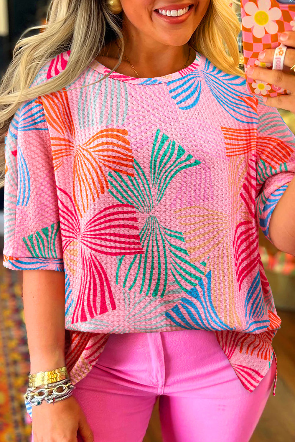 Pink Bowknot Printed Waffle Crewneck Loose Short Sleeve Top-Tops/Tops & Tees-[Adult]-[Female]-2022 Online Blue Zone Planet
