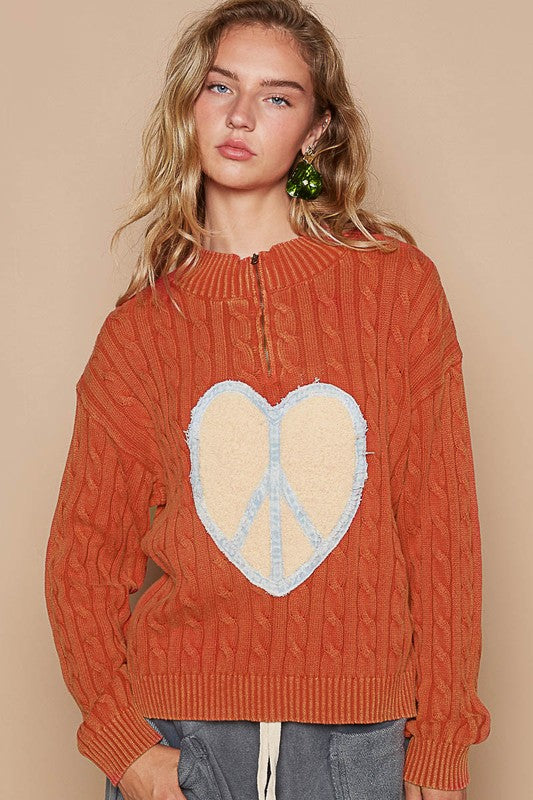 POL Cable-Knit Peace Patch Dropped Shoulder Sweater-TOPS / DRESSES-[Adult]-[Female]-2022 Online Blue Zone Planet