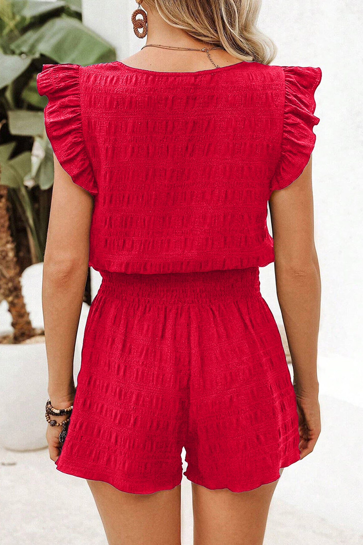 Peach Blossom Textured Square Neck Top and Shirred High Waist Shorts Set-Two Piece Sets/Short Sets-[Adult]-[Female]-2022 Online Blue Zone Planet