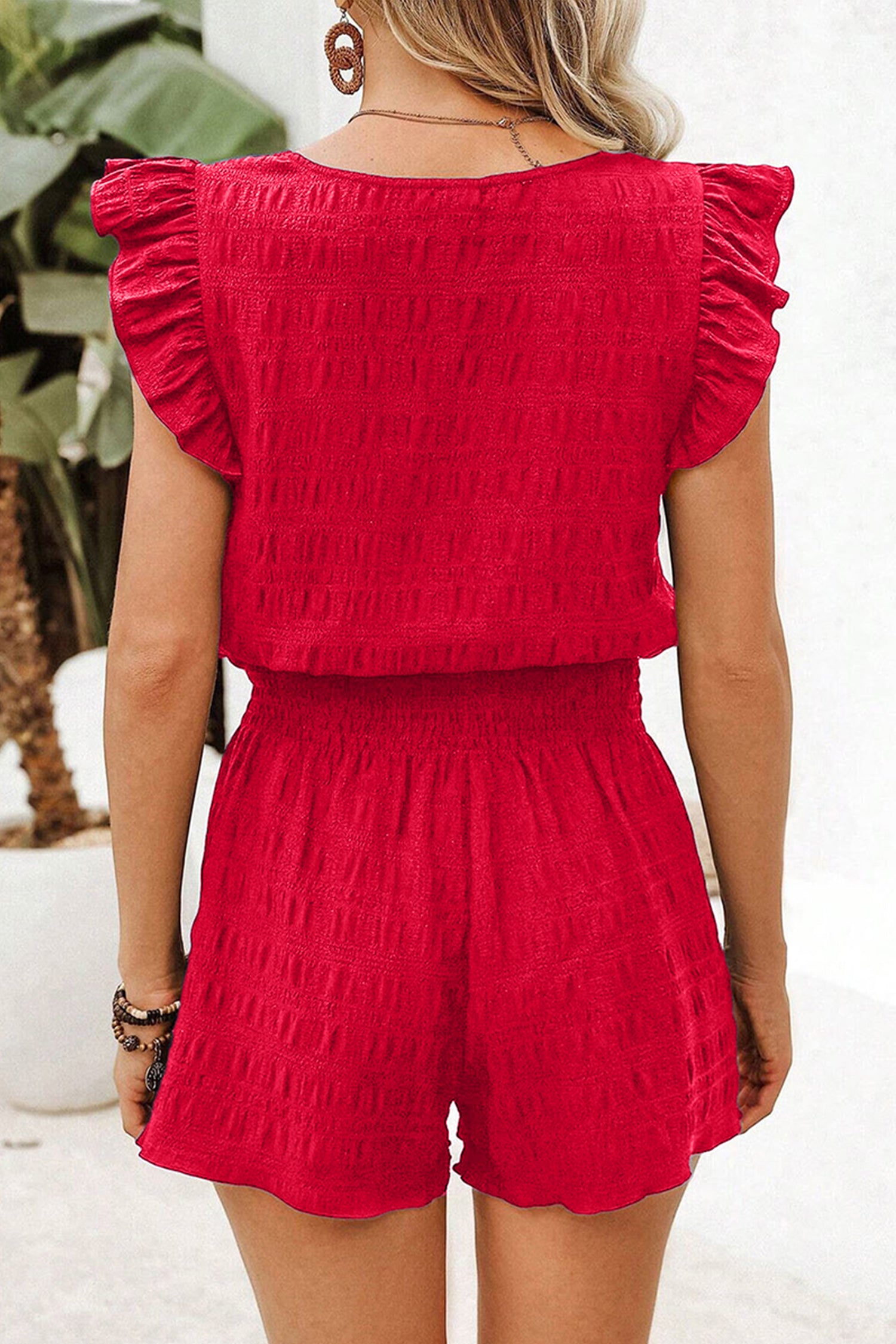 Peach Blossom Textured Square Neck Top and Shirred High Waist Shorts Set-Two Piece Sets/Short Sets-[Adult]-[Female]-2022 Online Blue Zone Planet