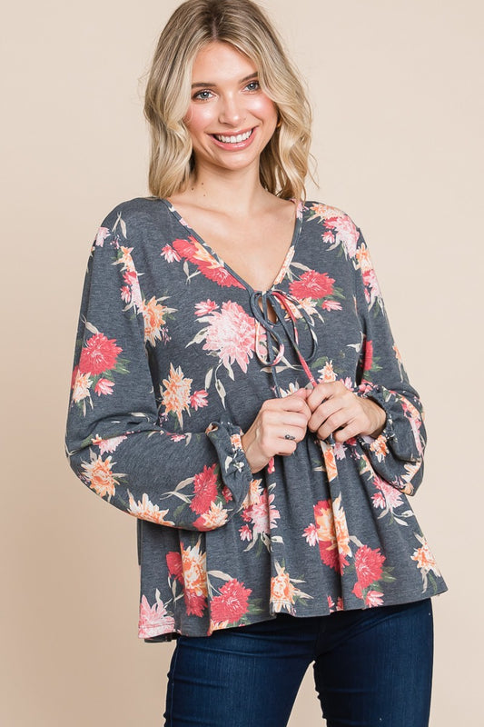 Super Lady Full Size Babydoll Floral Long Sleeve Blouse-TOPS / DRESSES-[Adult]-[Female]-Charcoal-S-2022 Online Blue Zone Planet