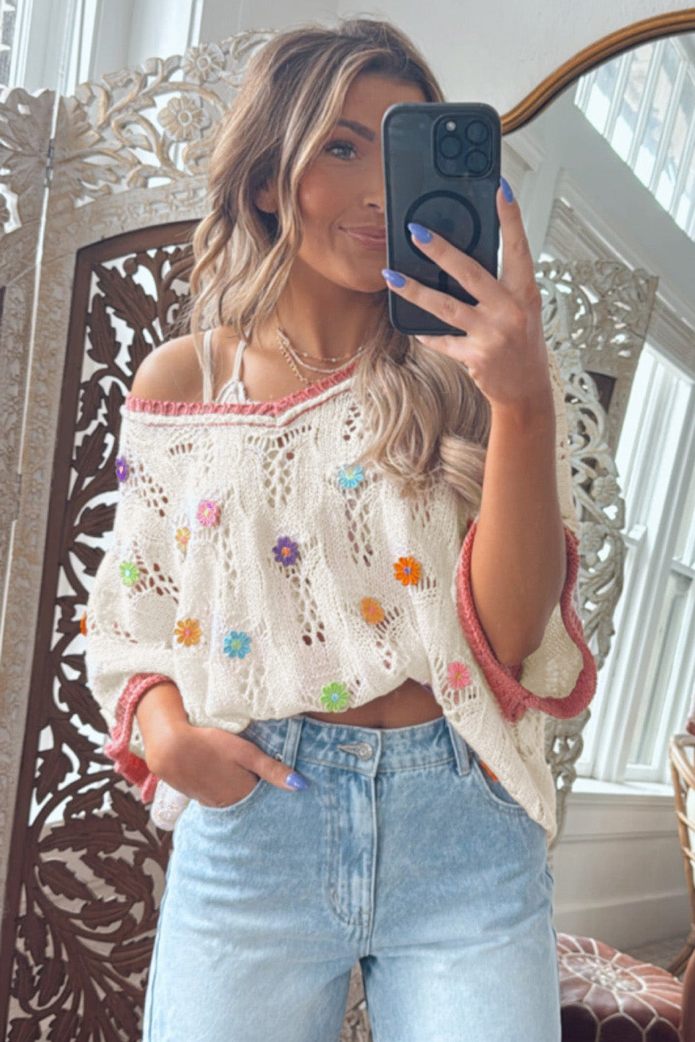 Delicacy Embroidered Flowers Colorblock Edge Hollowed Sweater-TOPS / DRESSES-[Adult]-[Female]-2022 Online Blue Zone Planet