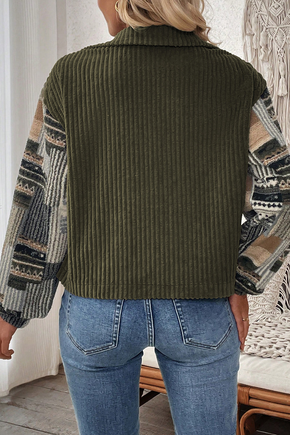 Jungle Green Ribbed Fleece Plaid Print Patchwork Button Up Jacket-Outerwear/Jackets-[Adult]-[Female]-2022 Online Blue Zone Planet