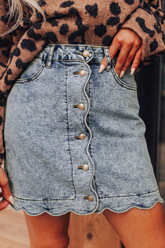 Myosotis Scalloped Detail Button Front Short Denim Skirt-TOPS / DRESSES-[Adult]-[Female]-Myosotis-S-2022 Online Blue Zone Planet