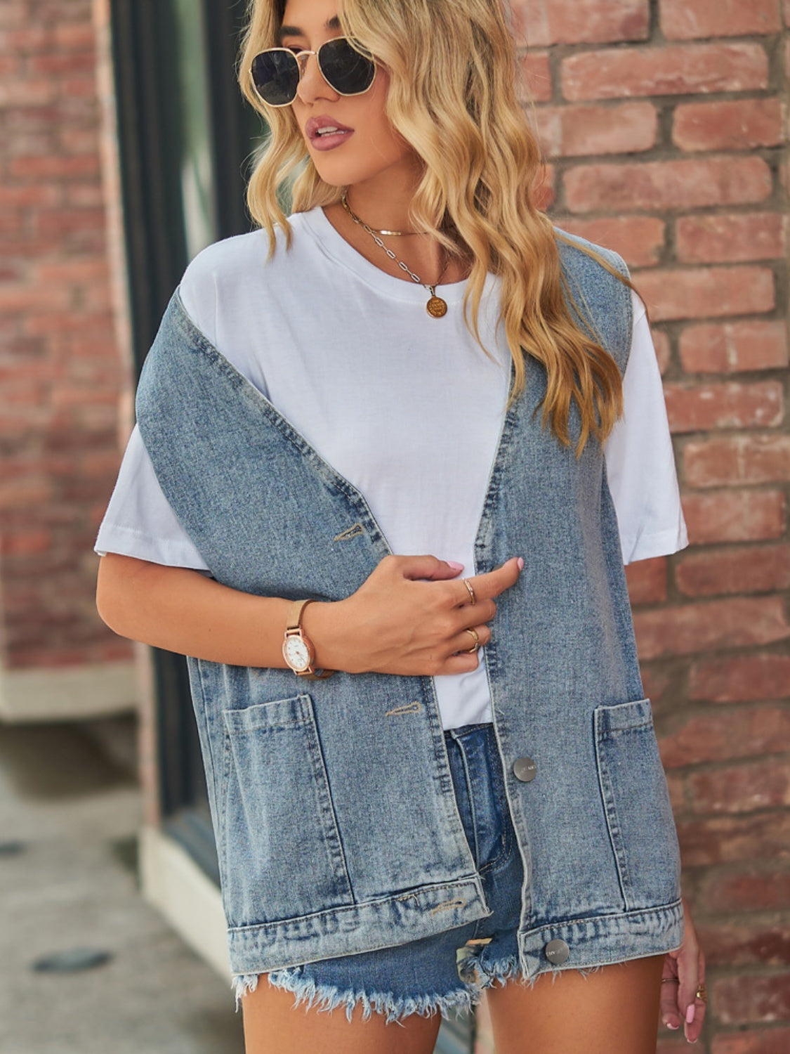 Full Size V-Neck Button Up Denim Vest-TOPS / DRESSES-[Adult]-[Female]-Black-S-2022 Online Blue Zone Planet
