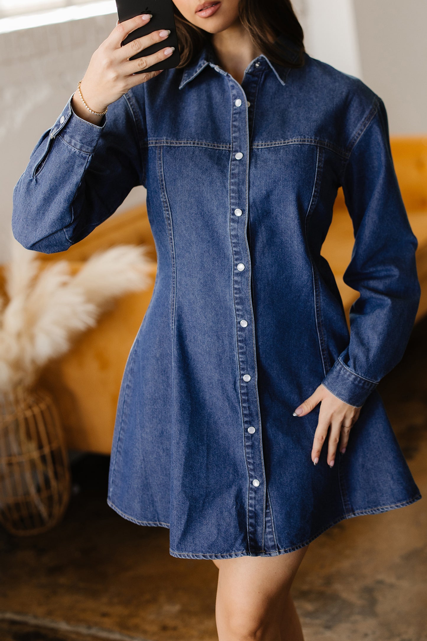Sunny Angela Women's Modern Denim Long Sleeve Flared Shirt Collar Mini Dress - Sunny Angela Ashleigh Blue / S Sunny Angela Women's Modern Denim Long Sleeve Flared Shirt Collar Mini Dress - Sunny Angela Ashleigh Blue / S