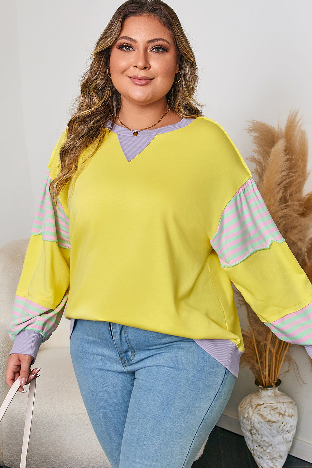 Yellow Striped Color Block Patchwork Crewneck Plus Size Pullover Sweatshirt-Plus Size/Plus Size Sweatshirts & Hoodies-[Adult]-[Female]-2022 Online Blue Zone Planet
