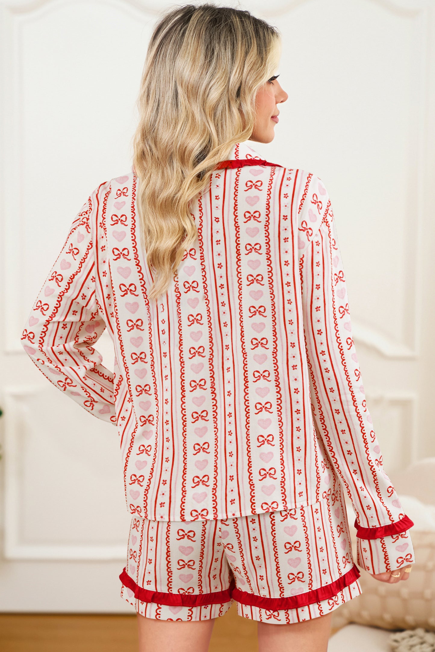Red Sweet Floral Heart Bow Print Contrast Trim Long Sleeve Shirt Pajama Short Set-Loungewear & Sleepwear/Sleepwear-[Adult]-[Female]-2022 Online Blue Zone Planet