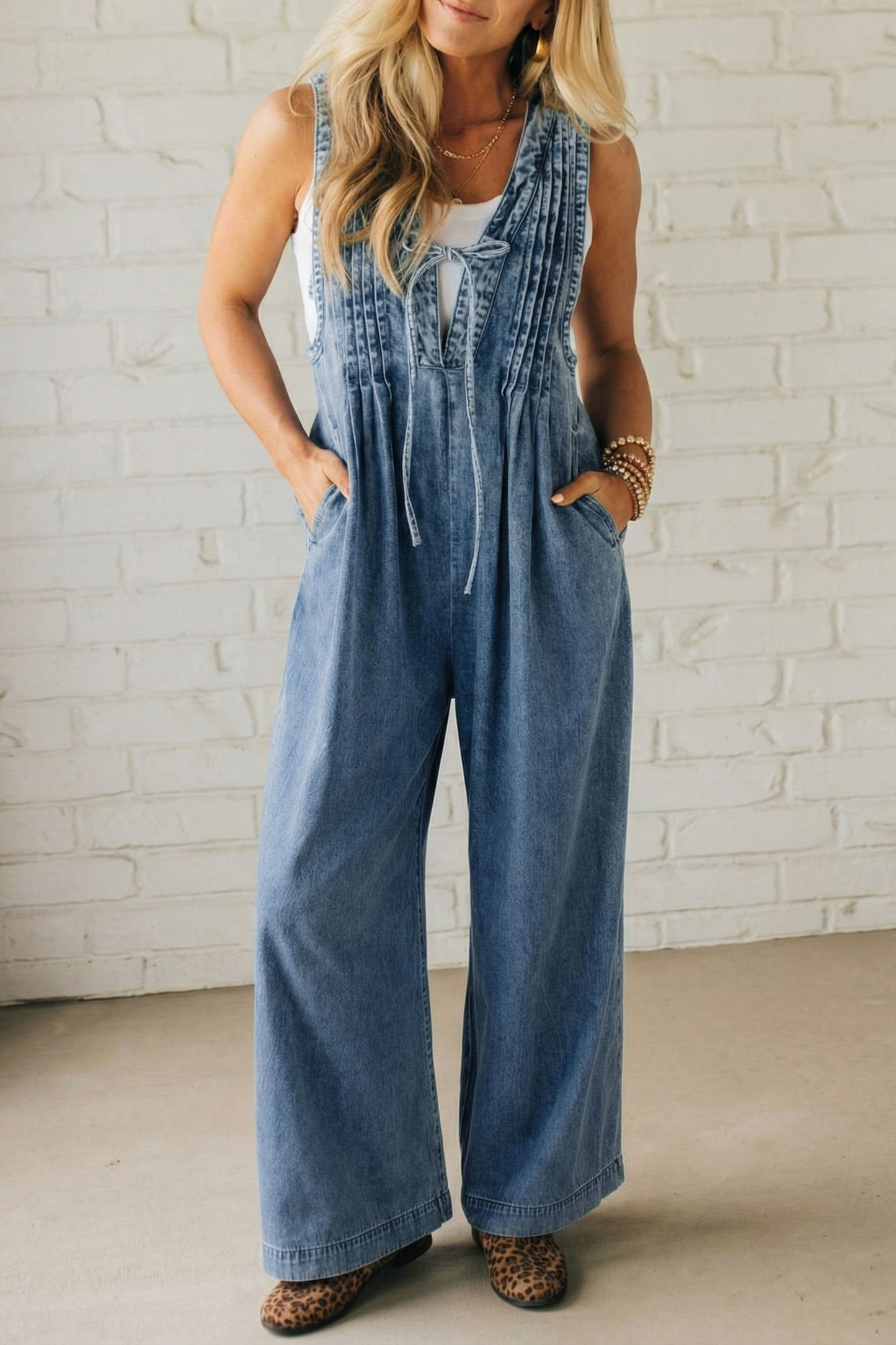 Dusk Blue Acid Wash Pintuck Tie V Neck Denim Wide Leg Jumpsuit-Bottoms/Jumpsuits & Rompers-[Adult]-[Female]-Dusk Blue-S-2022 Online Blue Zone Planet