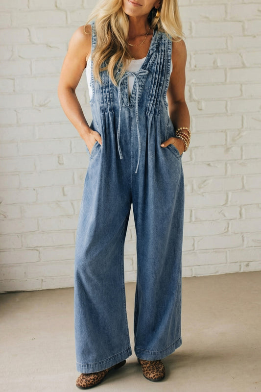 Dusk Blue Acid Wash Pintuck Tie V Neck Denim Wide Leg Jumpsuit-Bottoms/Jumpsuits & Rompers-[Adult]-[Female]-Dusk Blue-S-2022 Online Blue Zone Planet