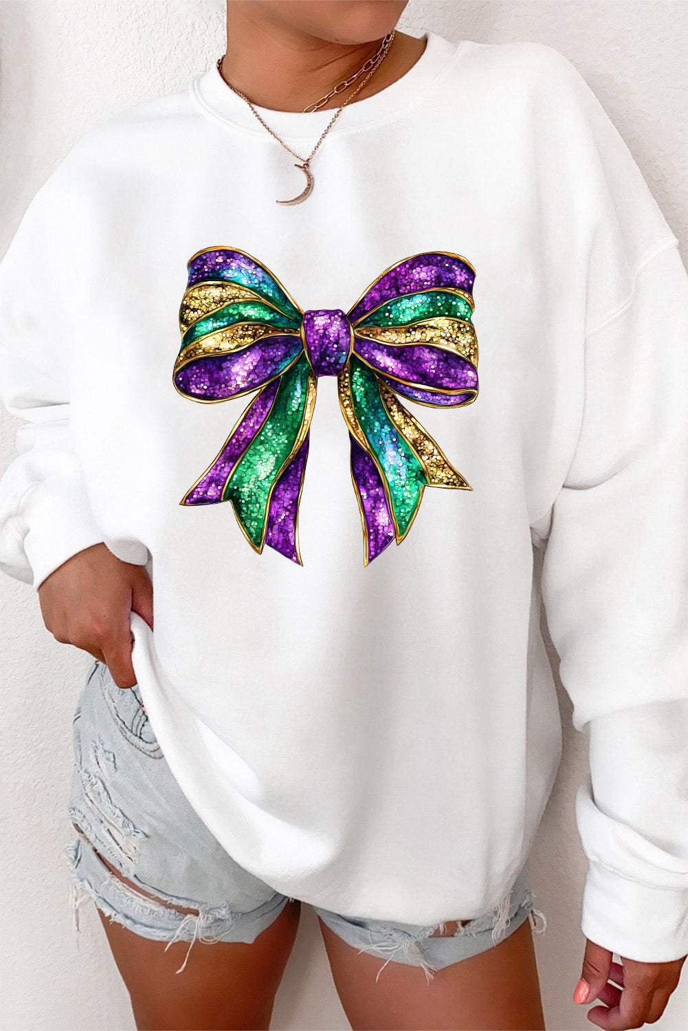 White Mardi Gras Bow Graphic Drop Shoulder Sweatshirt-Graphic/Graphic Sweatshirts-[Adult]-[Female]-2022 Online Blue Zone Planet