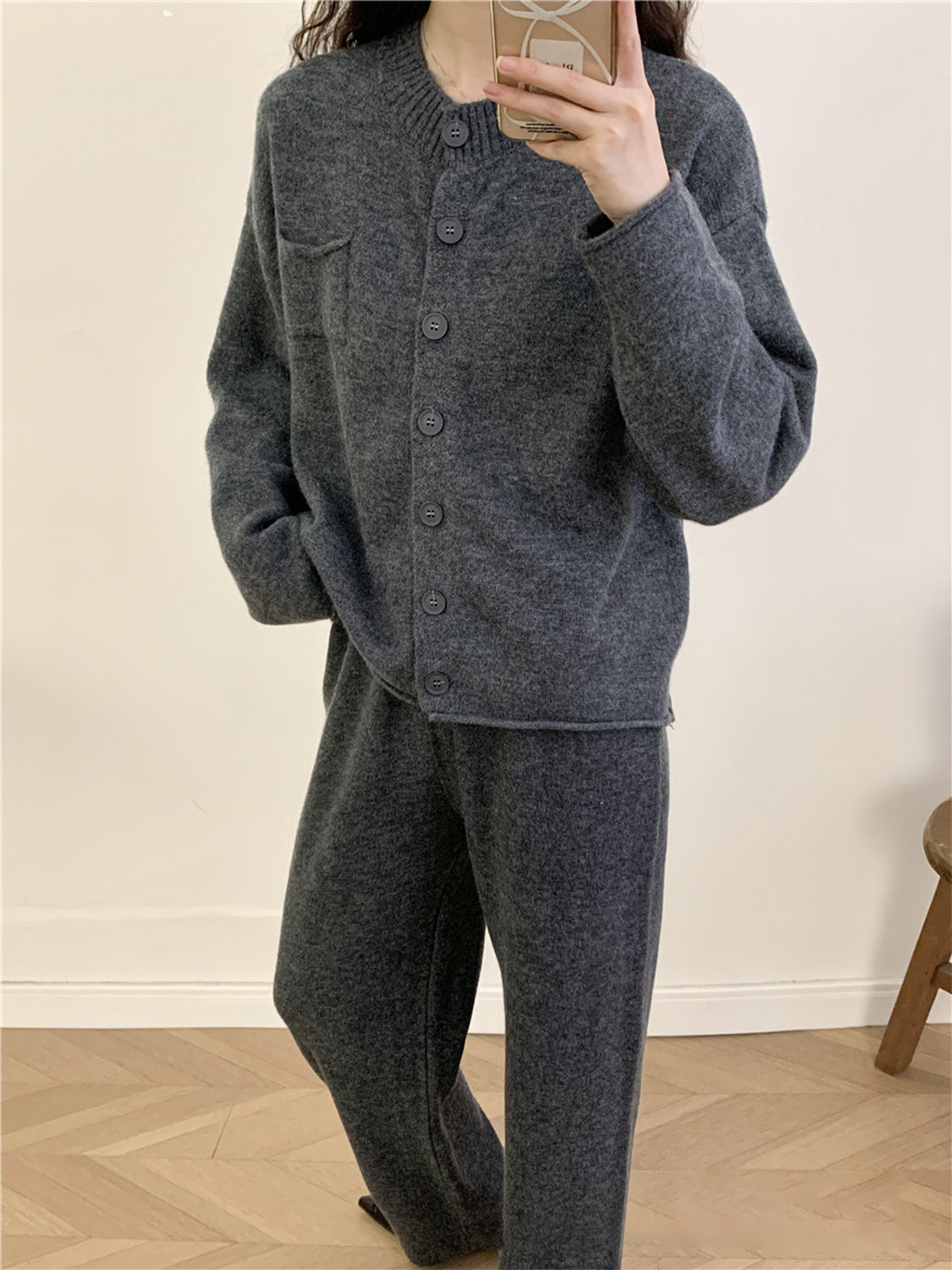 Pocketed Round Neck Button Up Cardigan and Pants Sweater Set-TOPS / DRESSES-[Adult]-[Female]-2022 Online Blue Zone Planet