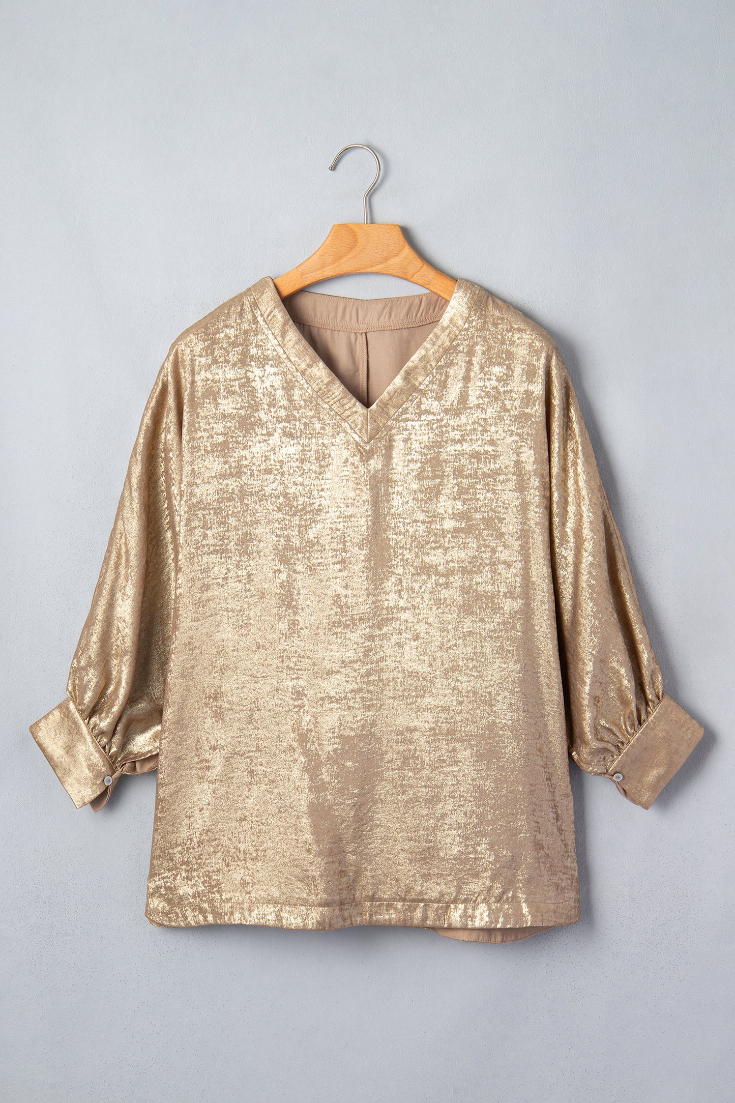 Parchment Metallic V Neck Button Cuffed Long Sleeve Dolman Blouse-Tops/Blouses & Shirts-[Adult]-[Female]-2022 Online Blue Zone Planet
