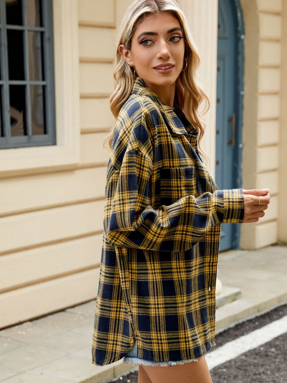 Plaid Collared Neck Long Sleeve Shirt-TOPS / DRESSES-[Adult]-[Female]-2022 Online Blue Zone Planet