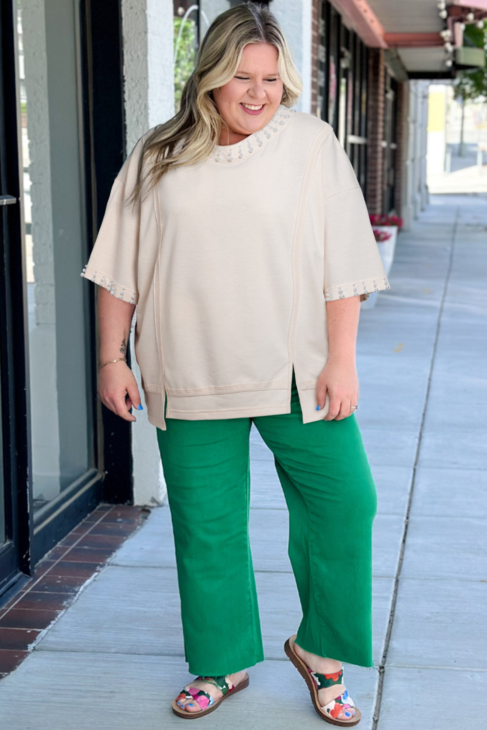 Blue Zone Planet | Beige Pearl Decor Crew Neck Half Sleeve Plus Size T Shirt-Plus Size/Plus Size Tops/Plus Size Tops & Tees-[Adult]-[Female]-2022 Online Blue Zone Planet