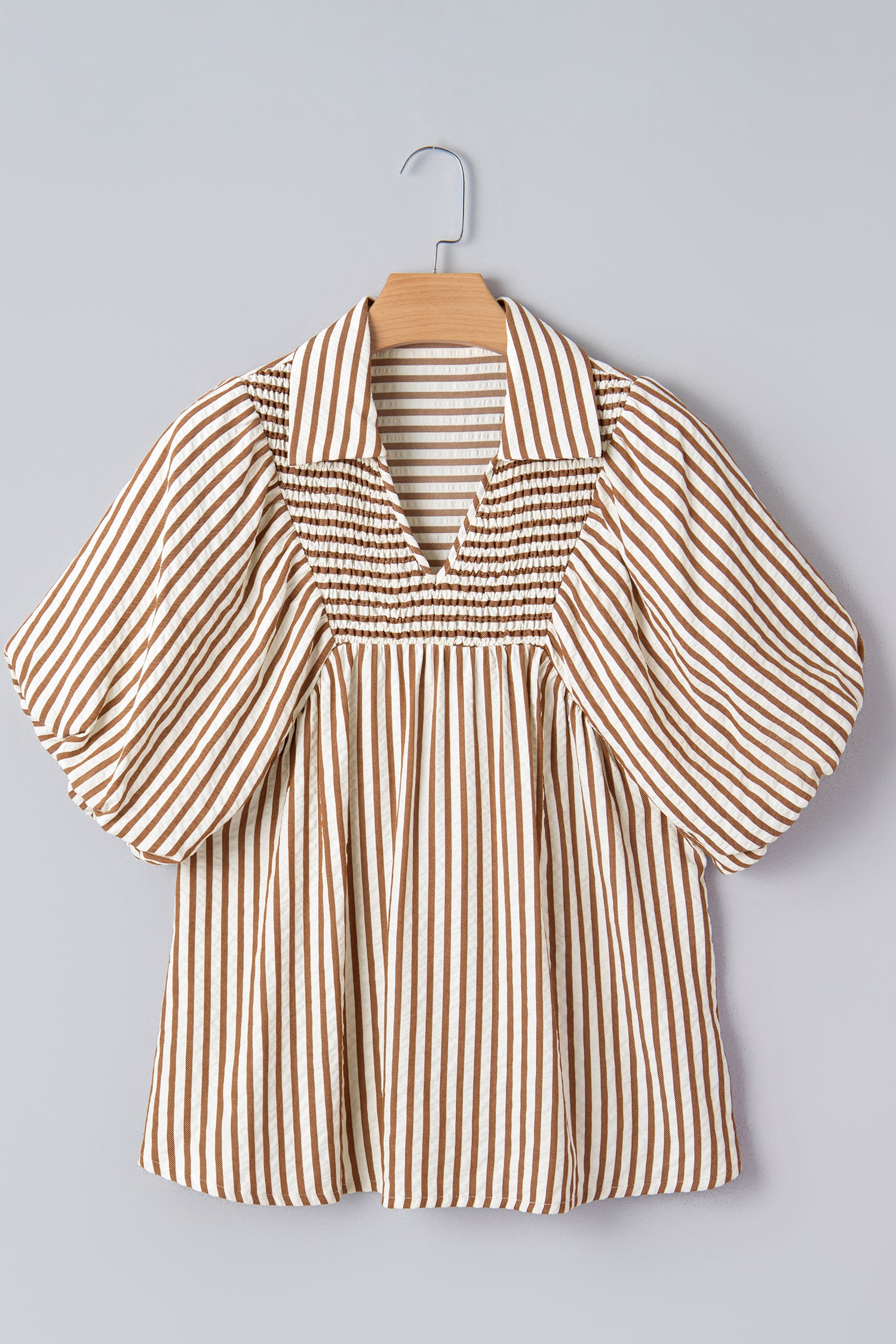 Brown Stripe Shirred V Neck Short Puff Sleeve Blouse-Tops/Blouses & Shirts-[Adult]-[Female]-2022 Online Blue Zone Planet