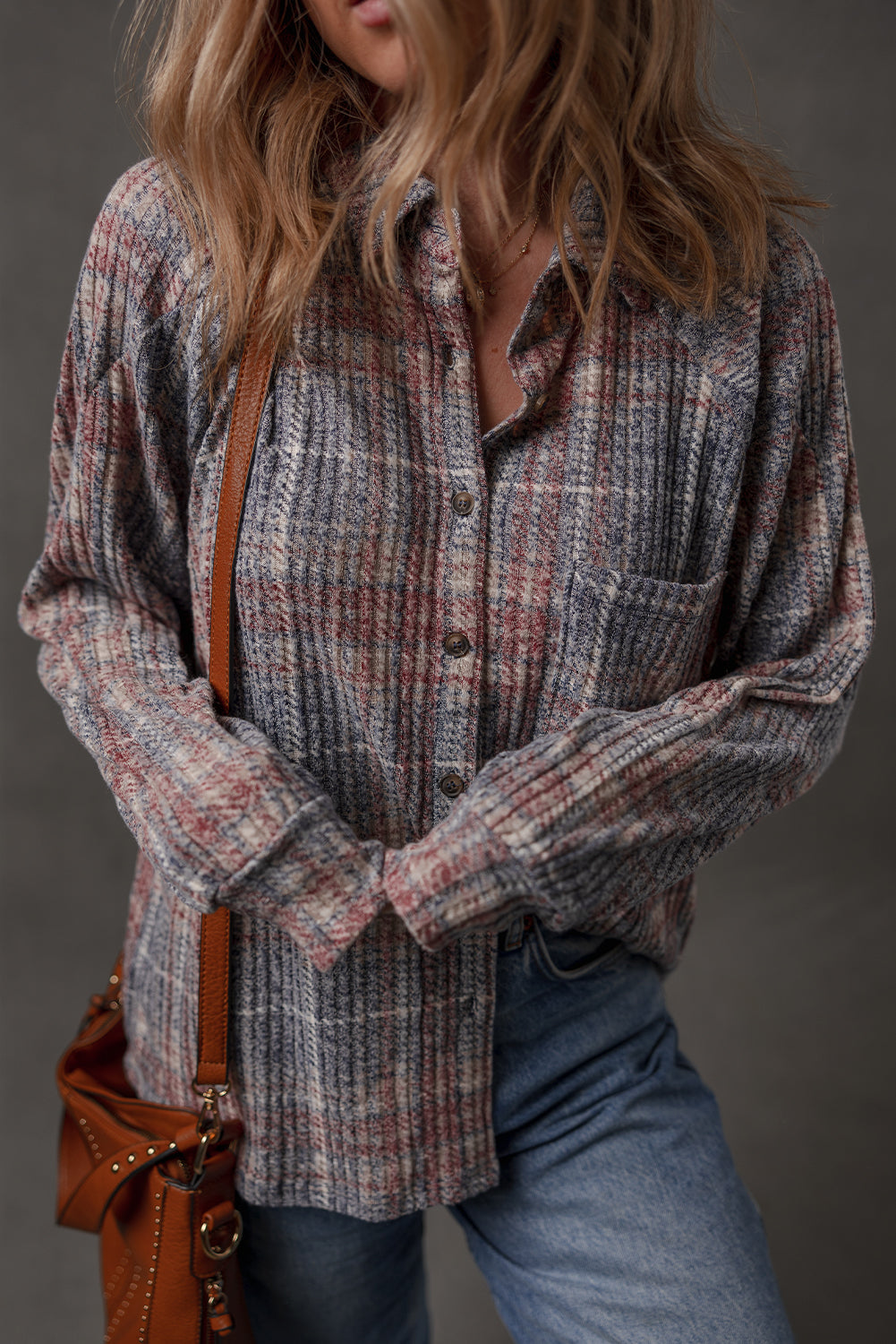 Multicolour Plaid Textured Chest Pocket Vintage Shirt-Tops/Blouses & Shirts-[Adult]-[Female]-2022 Online Blue Zone Planet