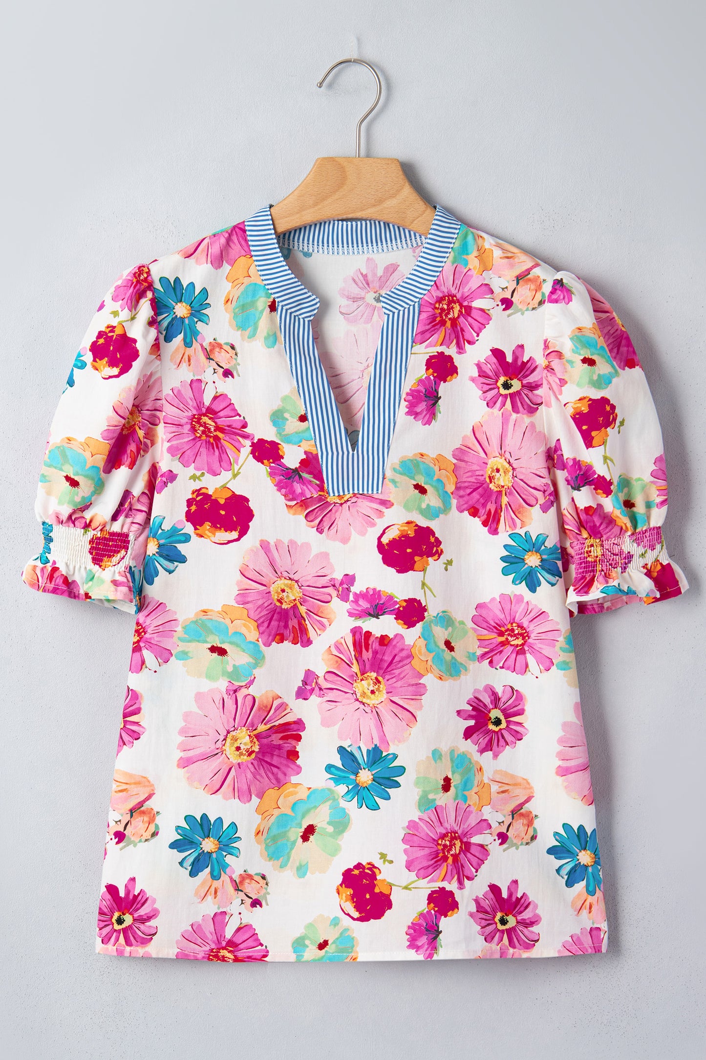 Beige Floral Print Short Puff Sleeve Striped Trim V Neck Blouse-Tops/Blouses & Shirts-[Adult]-[Female]-2022 Online Blue Zone Planet