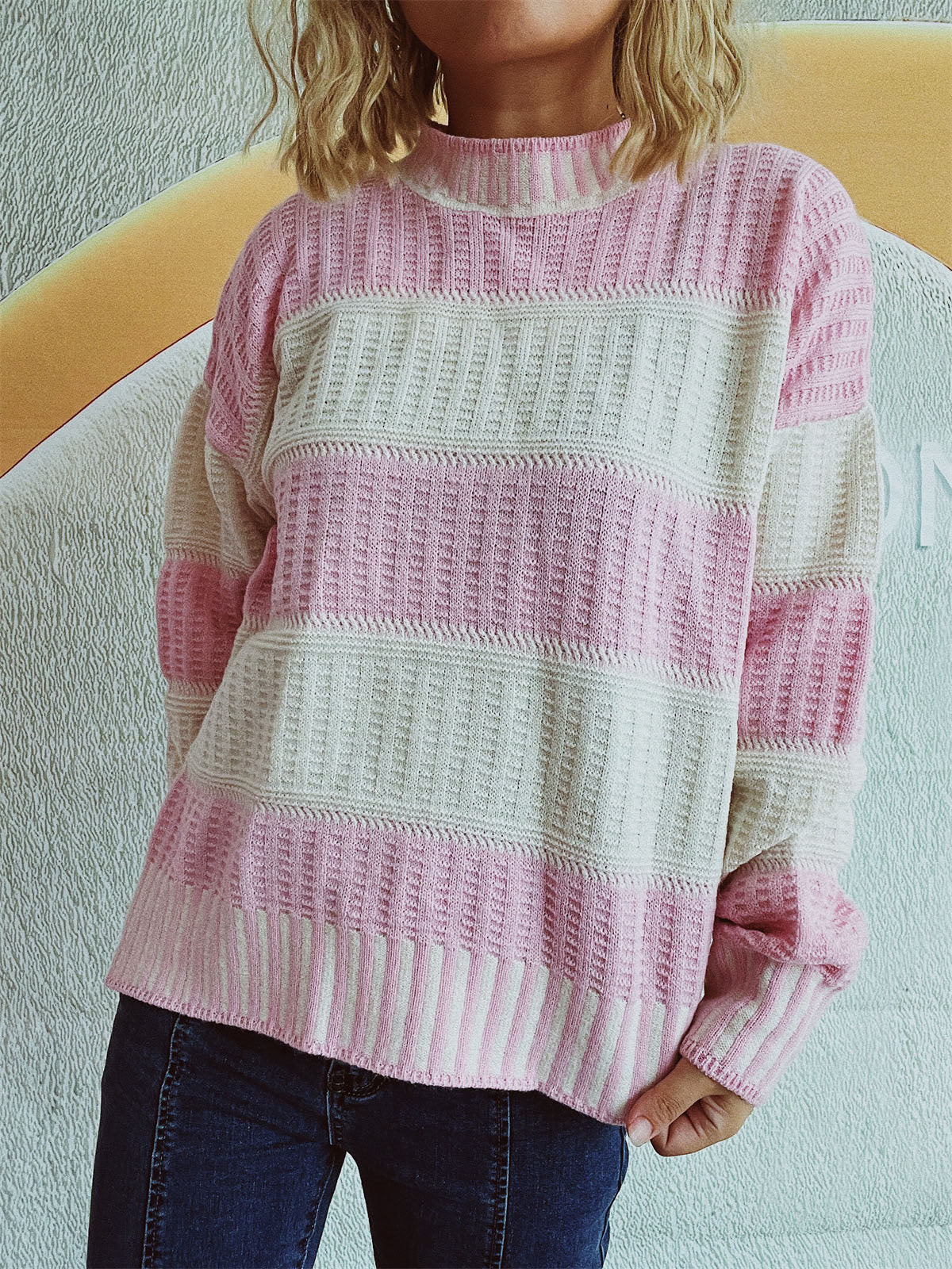 Contrast Round Neck Long Sleeve Sweater-TOPS / DRESSES-[Adult]-[Female]-Blush Pink-One Size-2022 Online Blue Zone Planet