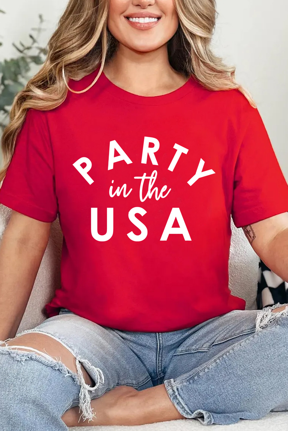 Red PARTY in the USA Printed Independence Day T Shirt-Graphic Tees-[Adult]-[Female]-2022 Online Blue Zone Planet