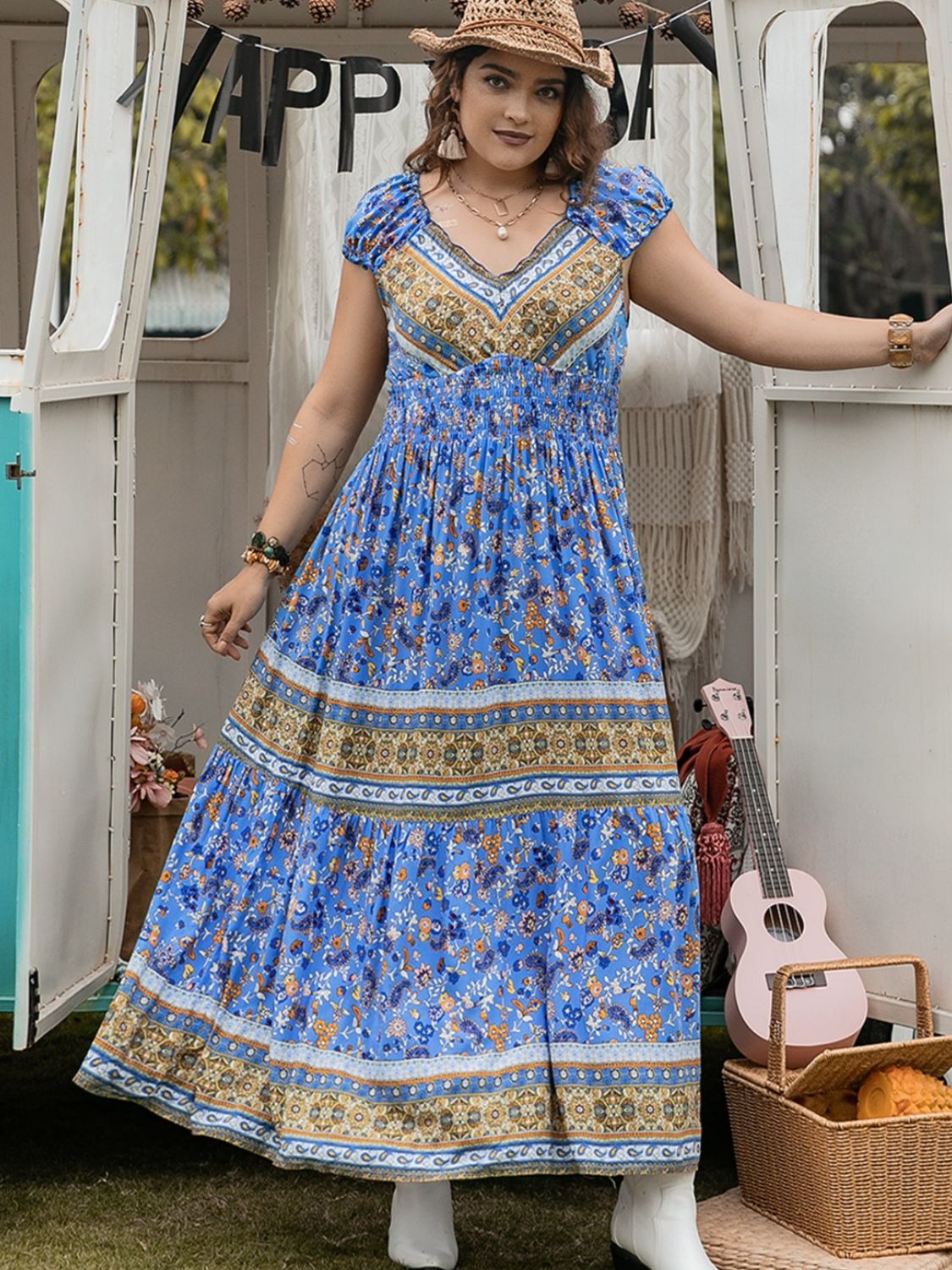 Blue Zone Planet | Plus Size Smocked Printed Cap Sleeve Dress-TOPS / DRESSES-[Adult]-[Female]-2022 Online Blue Zone Planet