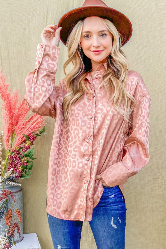 And The Why Satin Leopard Button Up Curved Hem Shirt-TOPS / DRESSES-[Adult]-[Female]-Rosegold-S-2022 Online Blue Zone Planet