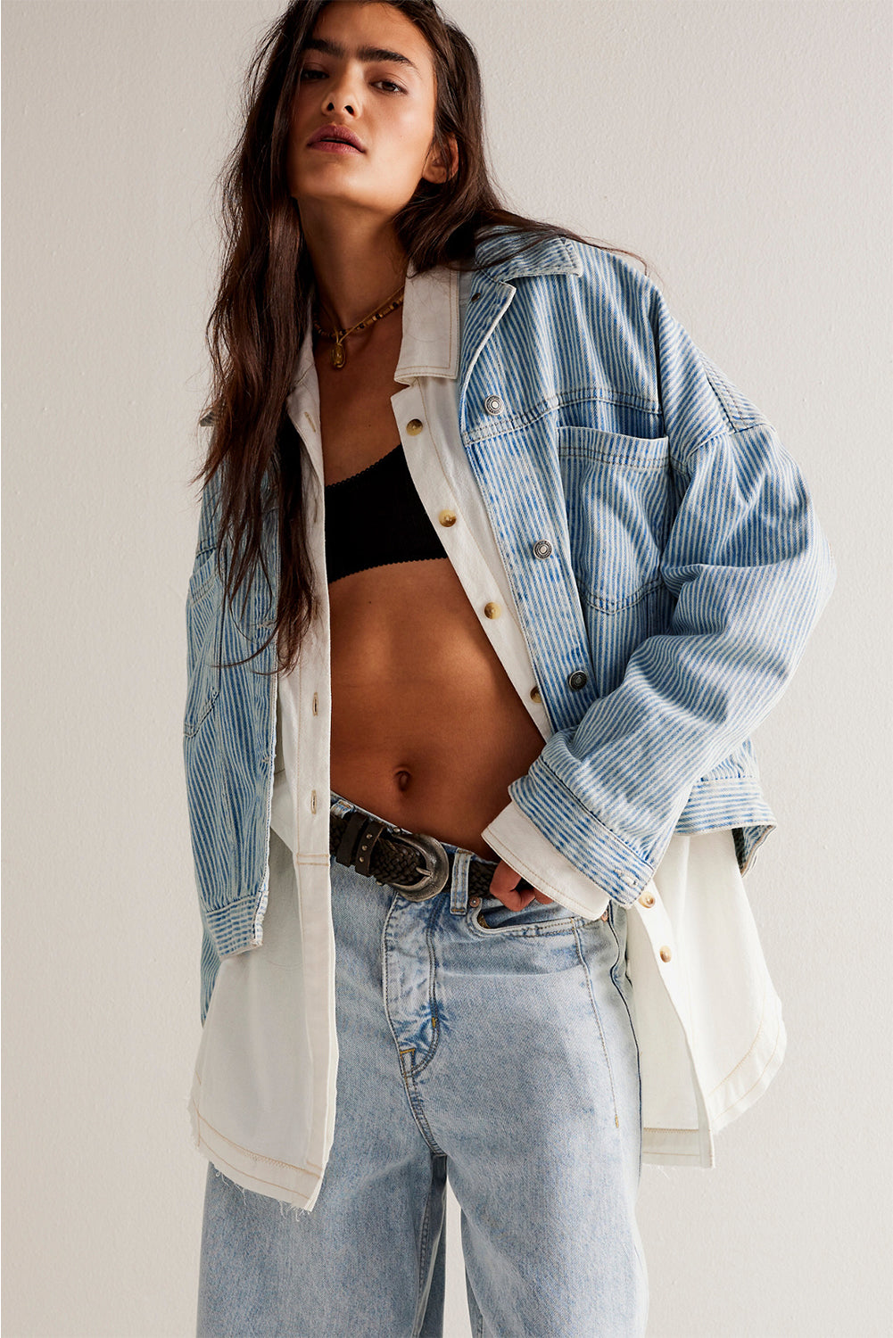 Blue Zone Planet | Sky Blue Stripe Washed Oversized Pocketed Denim Jacket-Jackets-[Adult]-[Female]-2022 Online Blue Zone Planet