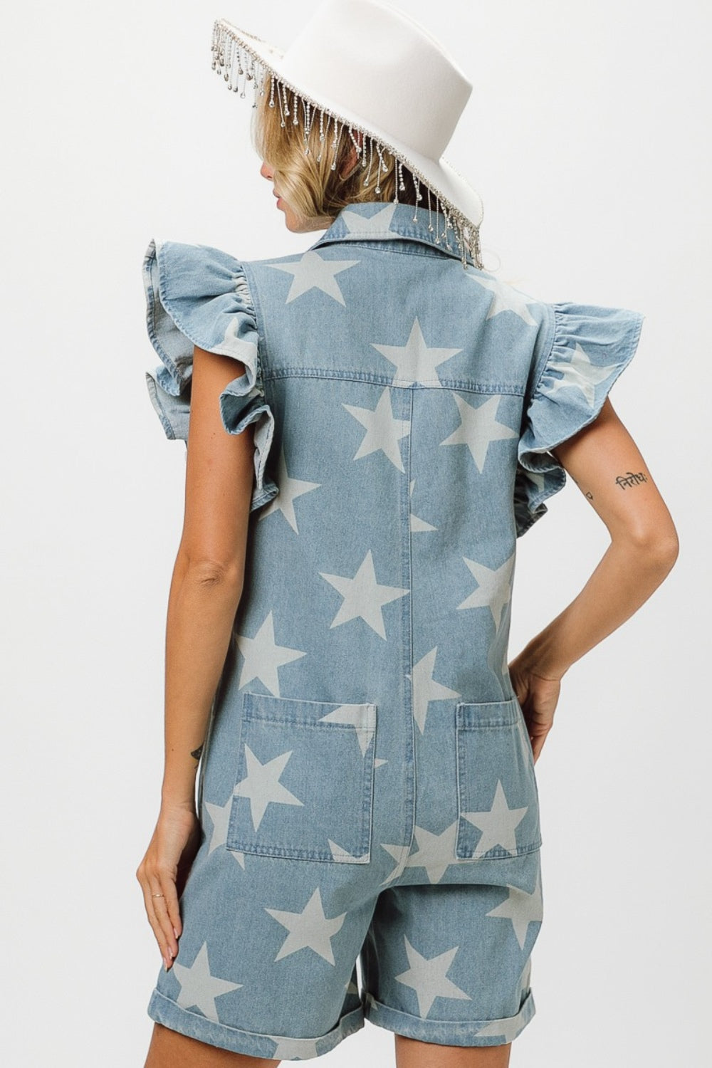 BiBi Ruffled Star Half Zip Denim Romper-TOPS / DRESSES-[Adult]-[Female]-2022 Online Blue Zone Planet