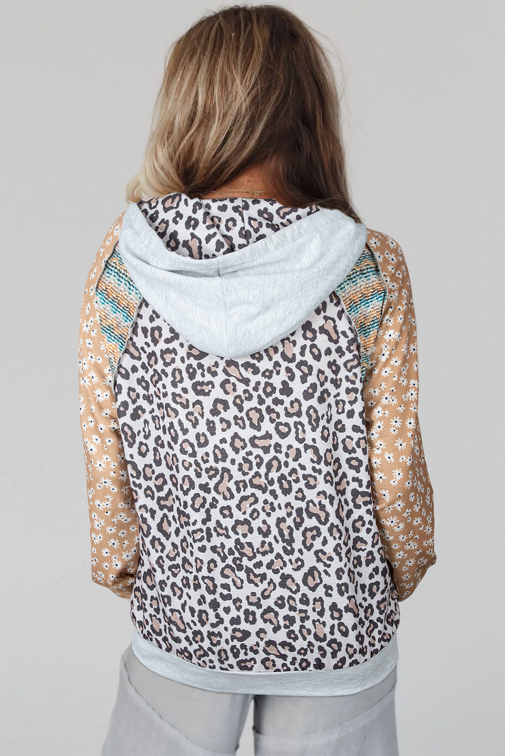 Multicolor Leopard Floral Patchwork Drawstring Hoodie-Tops / Dresses-[Adult]-[Female]-2022 Online Blue Zone Planet