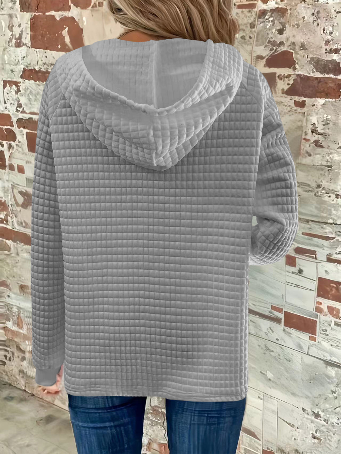 Full Size Texture Button Detail Drawstring Long Sleeve Hoodie-TOPS / DRESSES-[Adult]-[Female]-Light Gray-S-2022 Online Blue Zone Planet