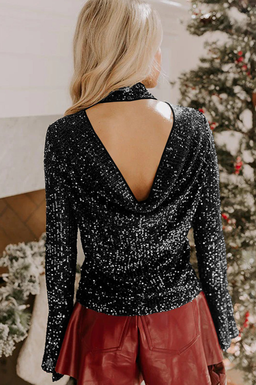 Black Sequin Mock Neck Drape Open Back Bell Sleeve Top-Tops/Long Sleeve Tops-[Adult]-[Female]-2022 Online Blue Zone Planet