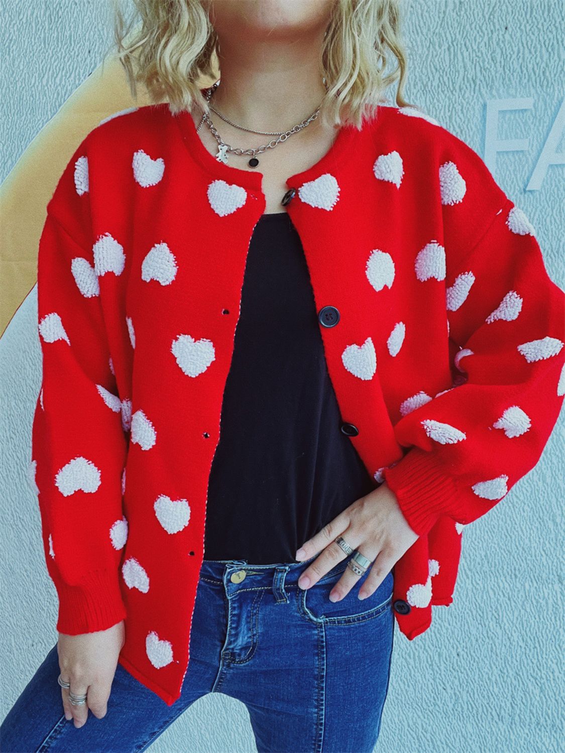 Heart Button Up Long Sleeve Cardigan-TOPS / DRESSES-[Adult]-[Female]-2022 Online Blue Zone Planet