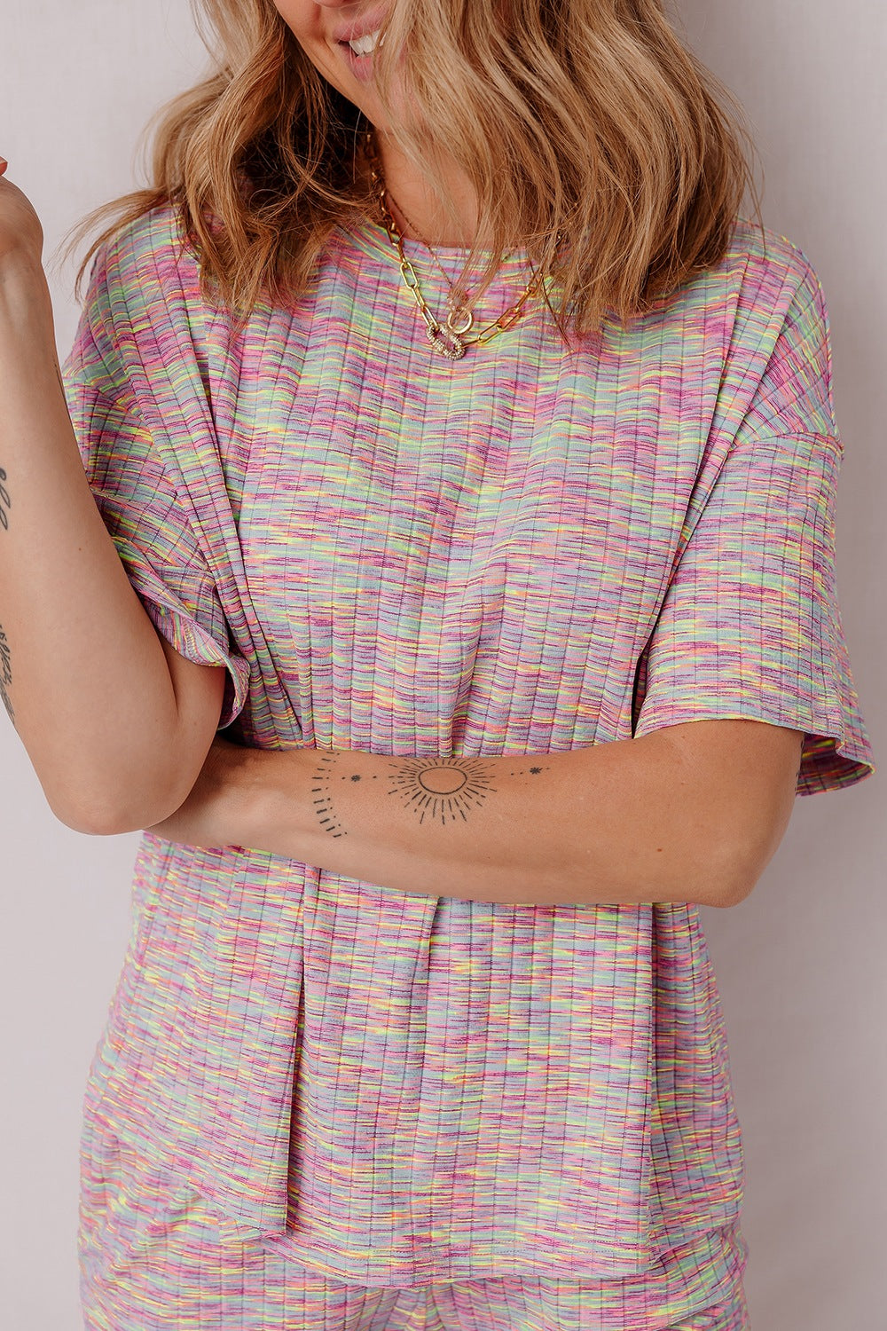 Contrast Round Neck Top and Shorts Set-TOPS / DRESSES-[Adult]-[Female]-2022 Online Blue Zone Planet