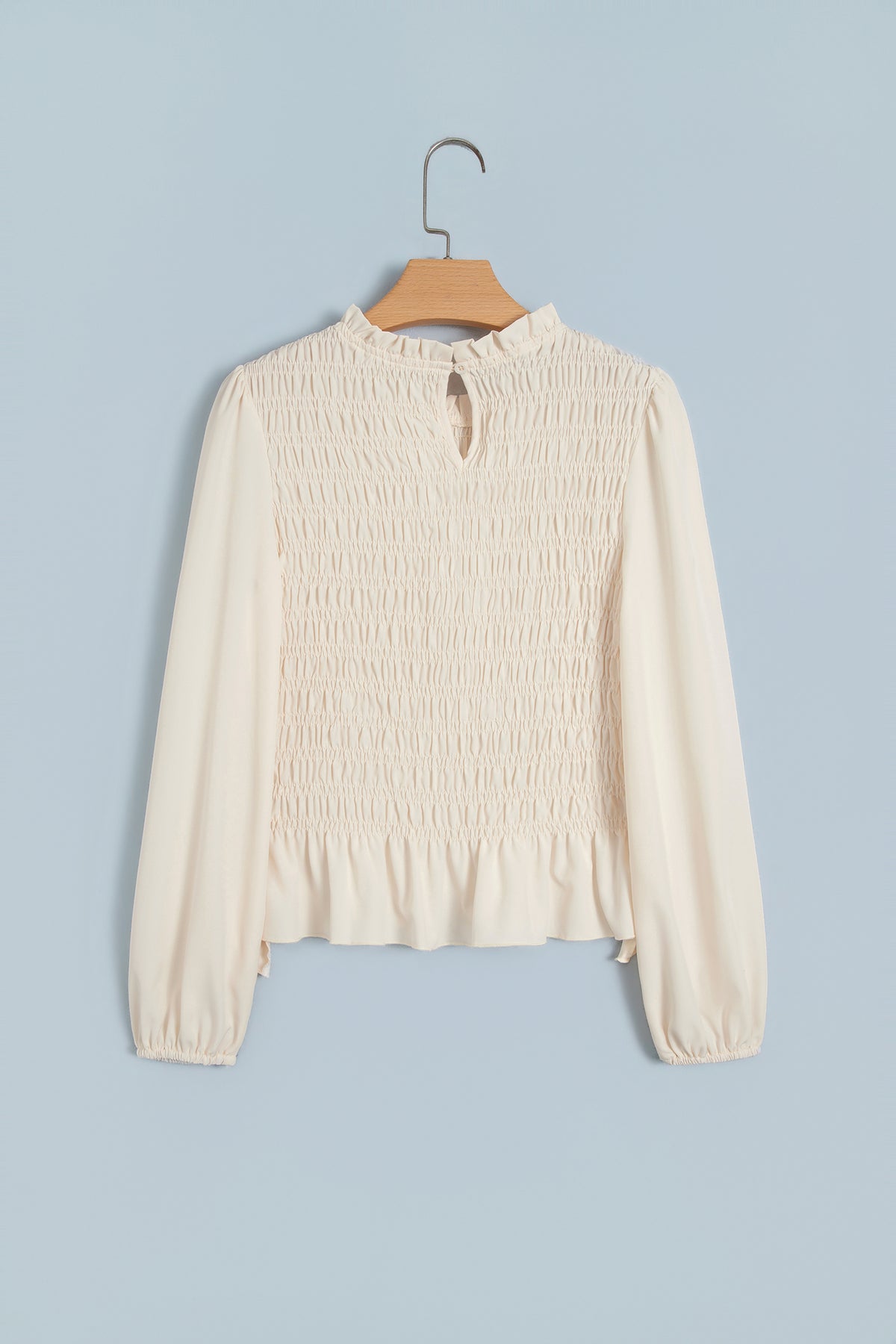 Jet Stream Solid Color Smocked Ruffle Hem Long Sleeve Blouse-Tops/Blouses & Shirts-[Adult]-[Female]-2022 Online Blue Zone Planet