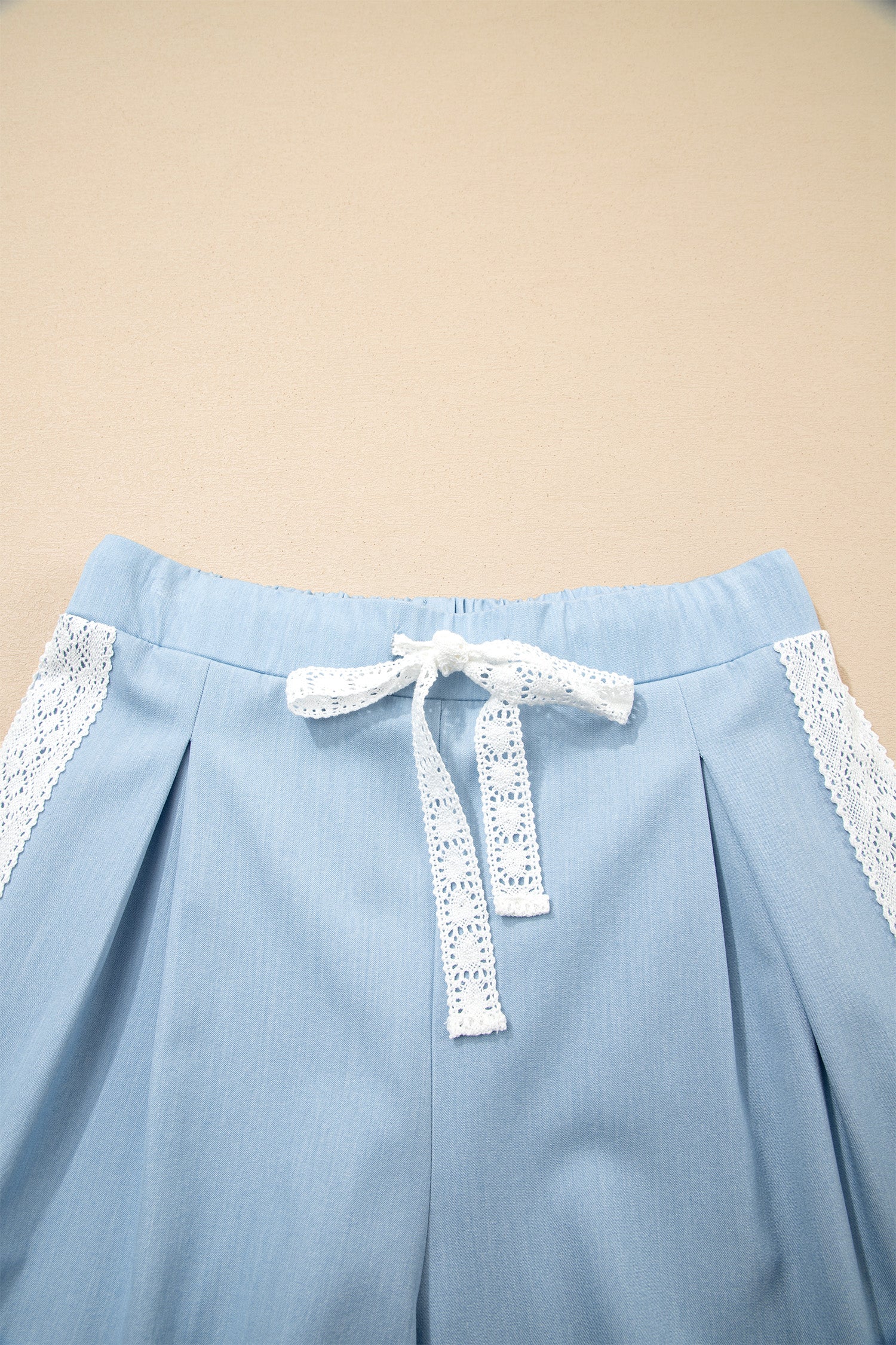 Beau Blue Lace Accent Floral Patched Pocket Pleated Wide Leg Slouchy Pants-Bottoms/Pants & Culotte-[Adult]-[Female]-2022 Online Blue Zone Planet