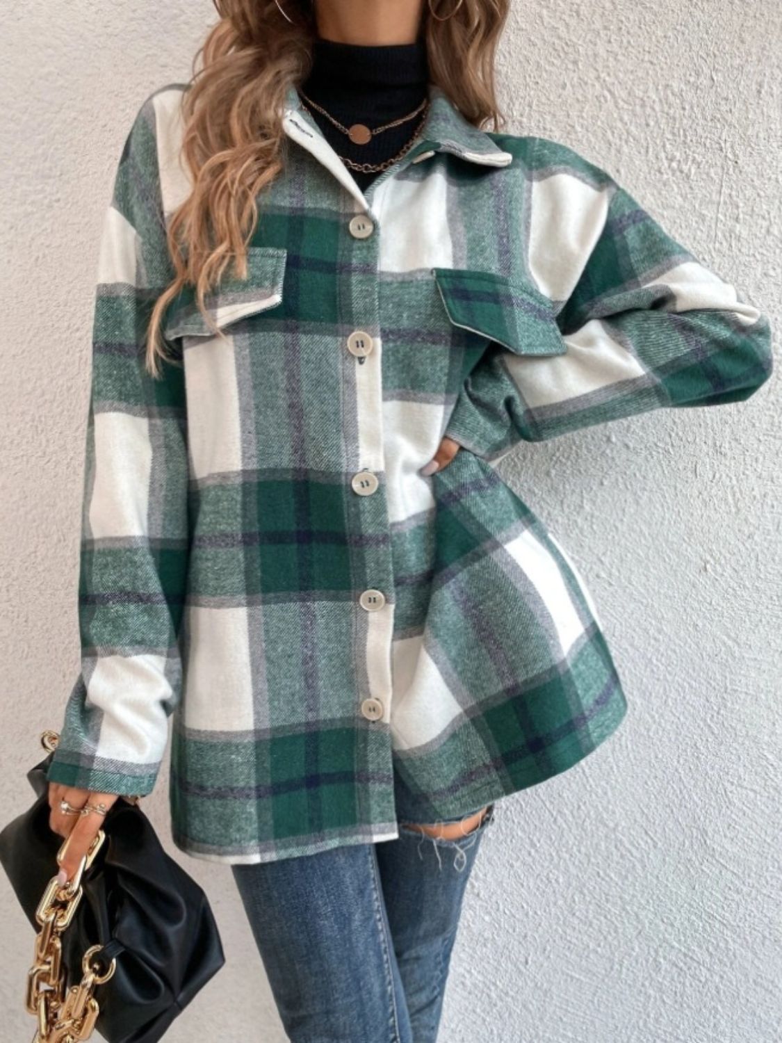 Blue Zone Planet | Plaid Collared Neck Dropped Shoulder Shacket-TOPS / DRESSES-[Adult]-[Female]-2022 Online Blue Zone Planet