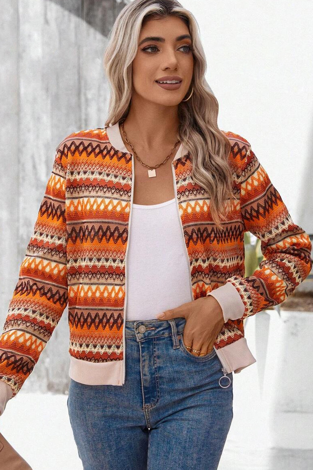 Blue Zone Planet | Orange Boho Striped Zip Up Long Sleeve Jacket-Outerwear/Jackets-[Adult]-[Female]-2022 Online Blue Zone Planet