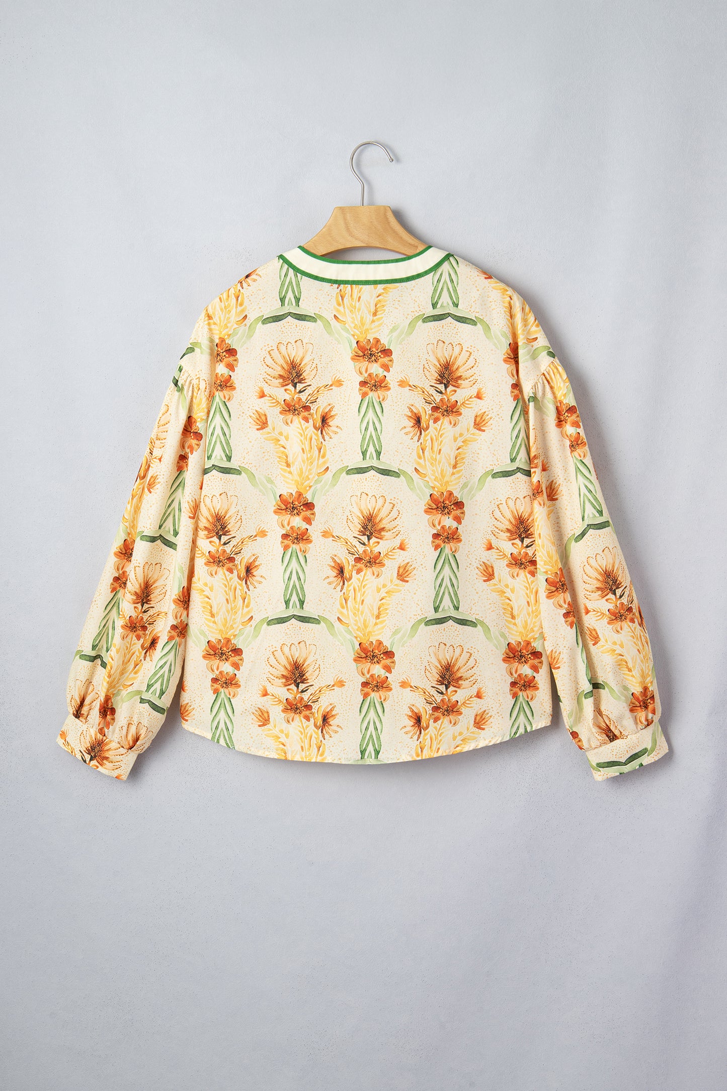 Yellow Floral Print V Neck Long Sleeve Shirt-Tops/Blouses & Shirts-[Adult]-[Female]-2022 Online Blue Zone Planet