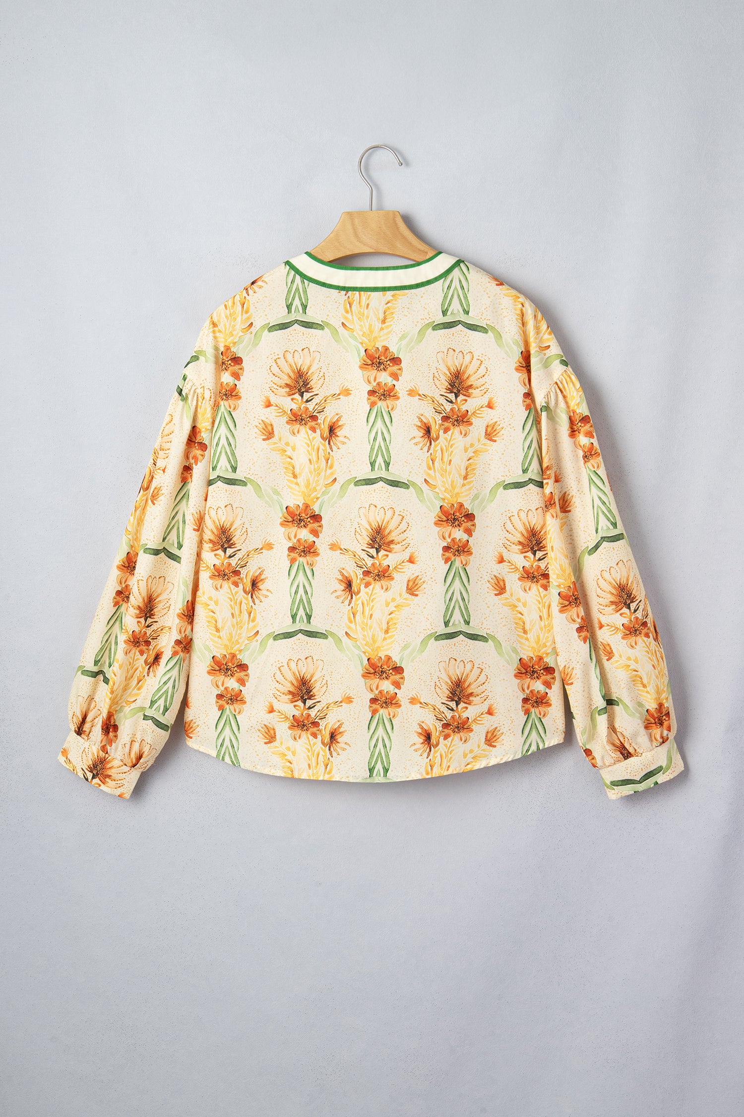 Yellow Floral Print V Neck Long Sleeve Shirt-Tops/Blouses & Shirts-[Adult]-[Female]-2022 Online Blue Zone Planet