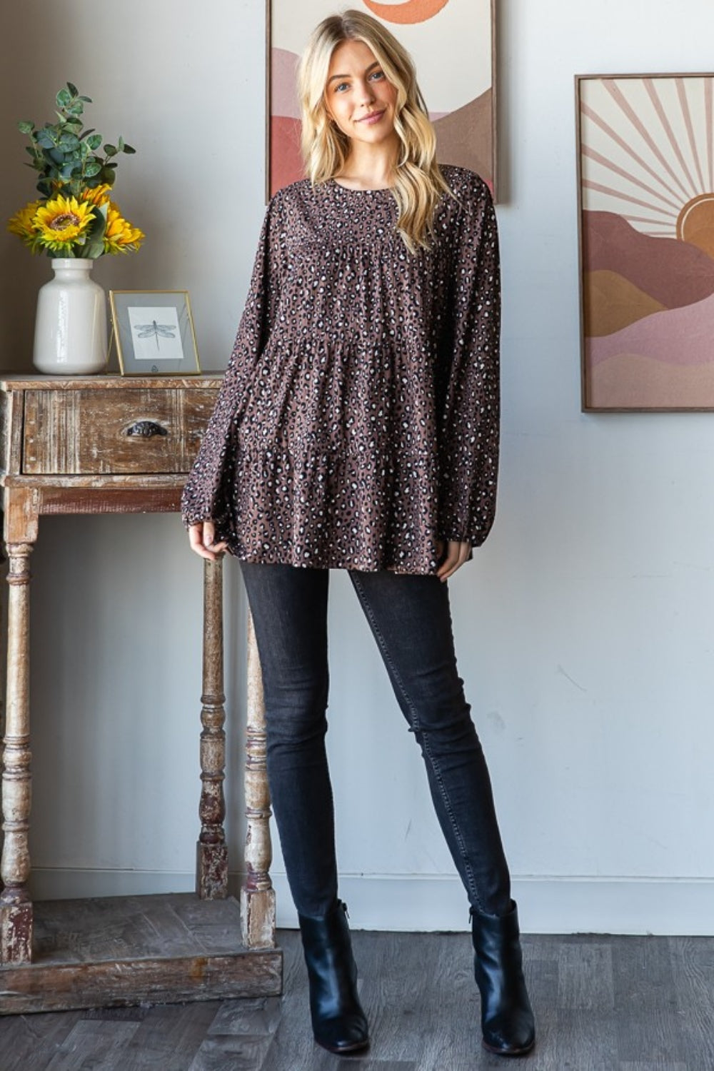 Heimish Leopard Long Sleeve Tiered Blouse-TOPS / DRESSES-[Adult]-[Female]-2022 Online Blue Zone Planet