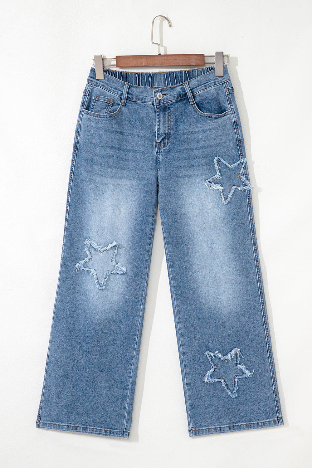 Stone Blue Star Patchwork Cropped Wide Leg High Waist Jeans-Bottoms/Jeans-[Adult]-[Female]-2022 Online Blue Zone Planet
