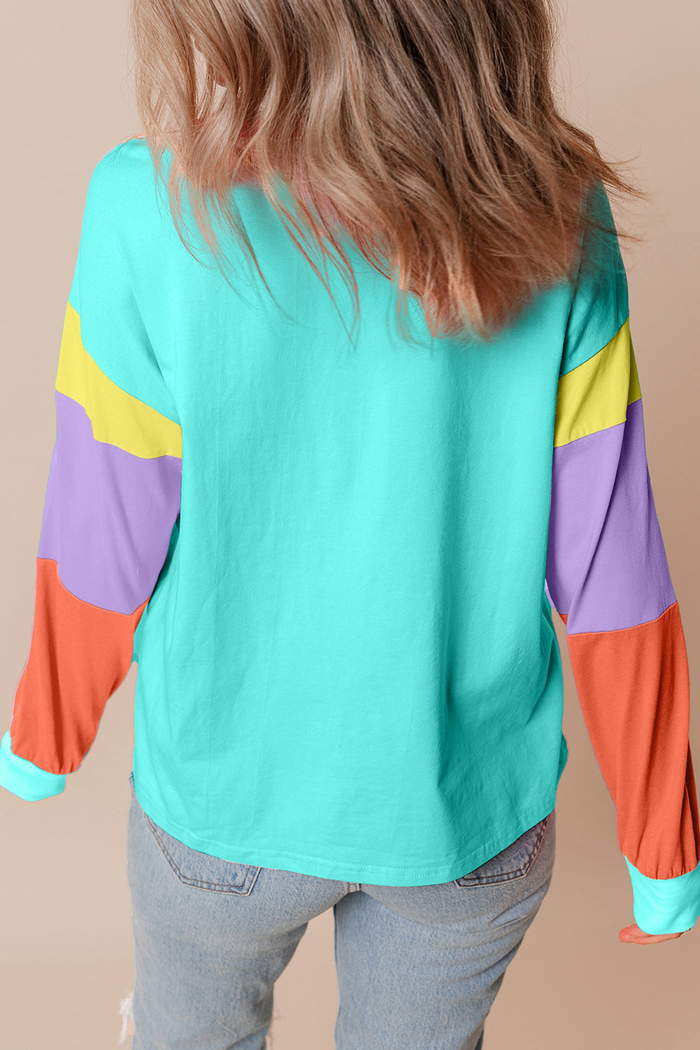 Blue Zone Planet | Green Colorblock Patchwork Long Sleeve Loose Top-TOPS / DRESSES-[Adult]-[Female]-2022 Online Blue Zone Planet