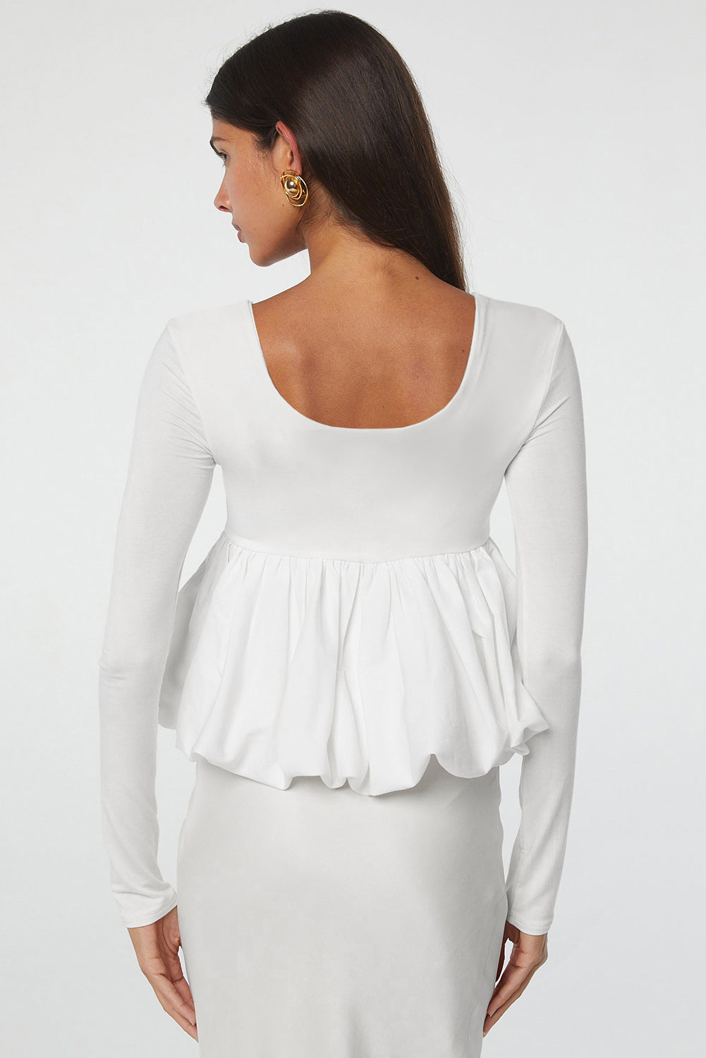 Blue Zone Planet | White U Neck Long Sleeve Bubble Hem Top-Tops/Blouses & Shirts-[Adult]-[Female]-2022 Online Blue Zone Planet