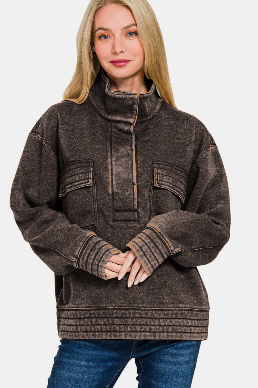 Blue Zone Planet | Zenana Acid Washed Half Snap Fleece Sweatshirt-TOPS / DRESSES-[Adult]-[Female]-2022 Online Blue Zone Planet