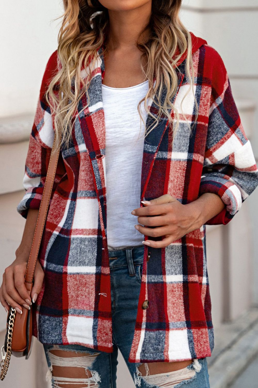 Blue Zone Planet | Plaid Button Up Hooded Shacket-TOPS / DRESSES-[Adult]-[Female]-2022 Online Blue Zone Planet